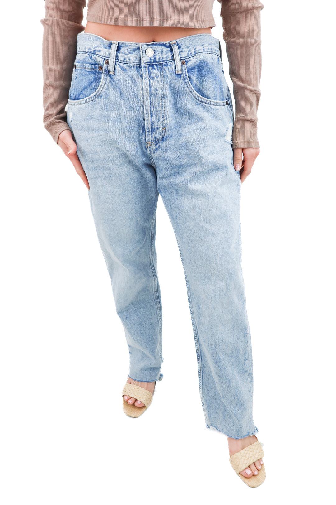 nuuds light wash straight leg denim (30 retail; $138)
