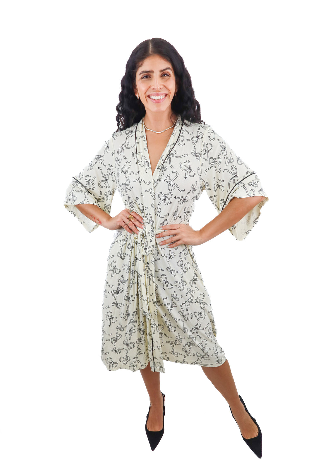 Staykation cream ribbon print robe (S; retail $60)