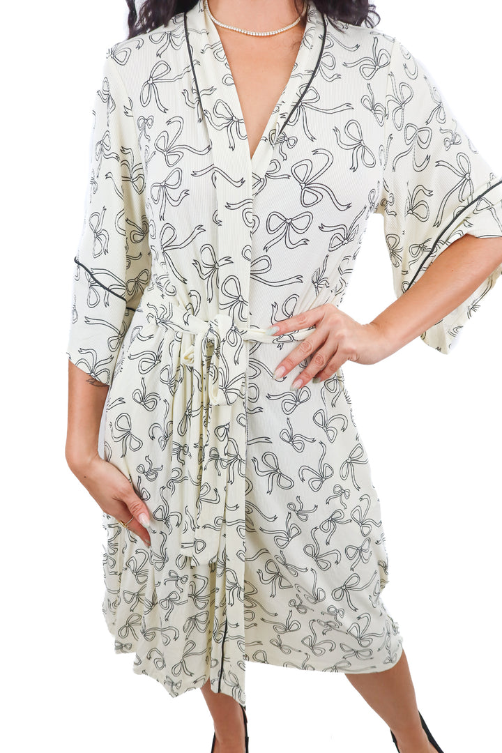 Staykation cream ribbon print robe (S; retail $60)