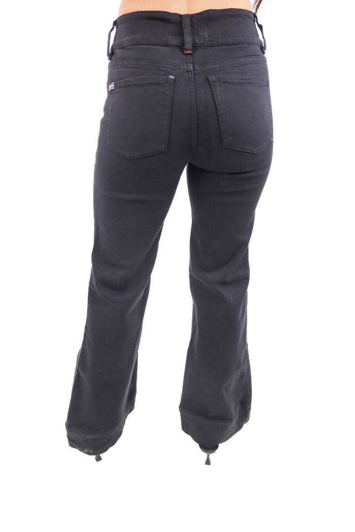 alice + olivia black flare jeans (26; retail $392)