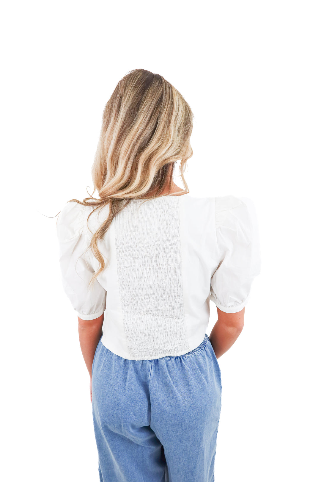 blue b. white puff sleeve square neck top (l)