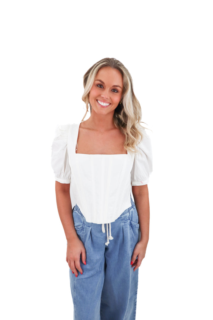 blue b. white puff sleeve square neck top (l)