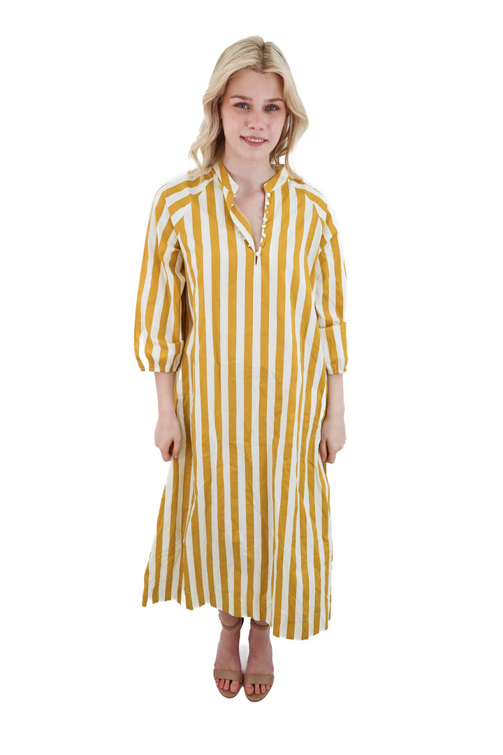 mustard/cream stripe long midi dress (l)