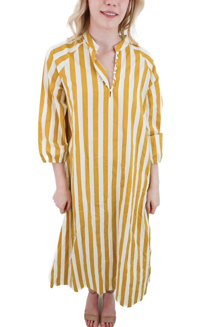 mustard/cream stripe long midi dress (l)