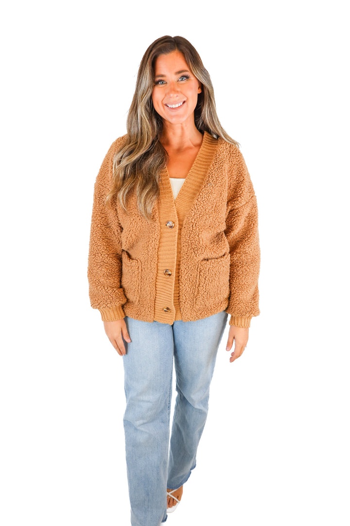 Kittenish Camel Sherpa & Knit Cardigan (S)