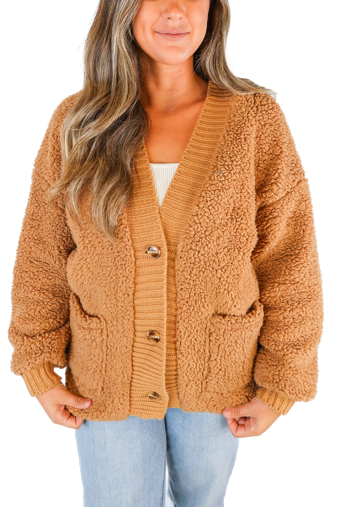 Kittenish Camel Sherpa & Knit Cardigan (S)