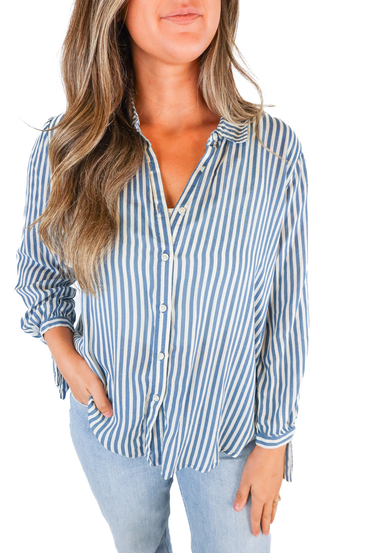 Amuse Society Blue Stripe Button Down Tie-Cuff Shirt (L)*
