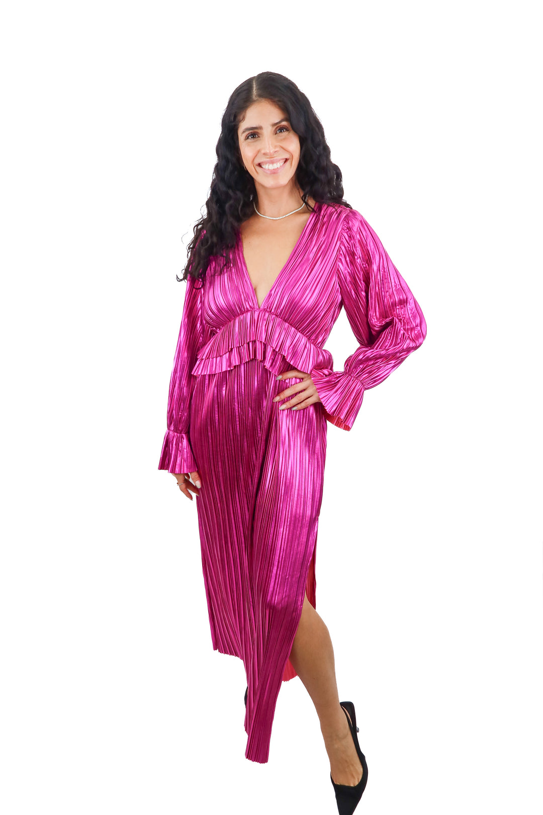 BuddyLove pink metallic pleated maxi dress NWT (XS; retail $140)