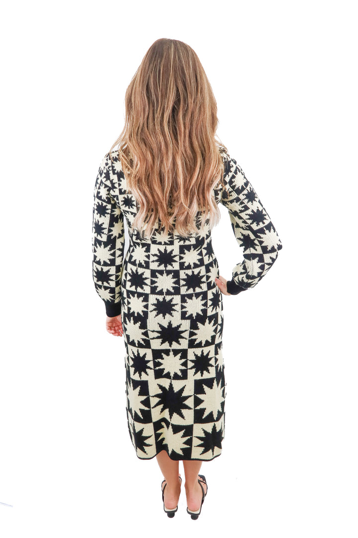 Farm Rio black white star checkered knit long sleeve maxi dress (XXS; retail $258)*