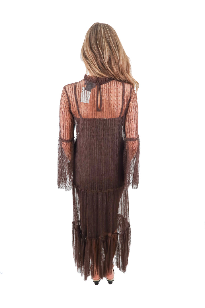 by Anthropologie brown lace sheer mockneck maxi dress (XS; retail $130)