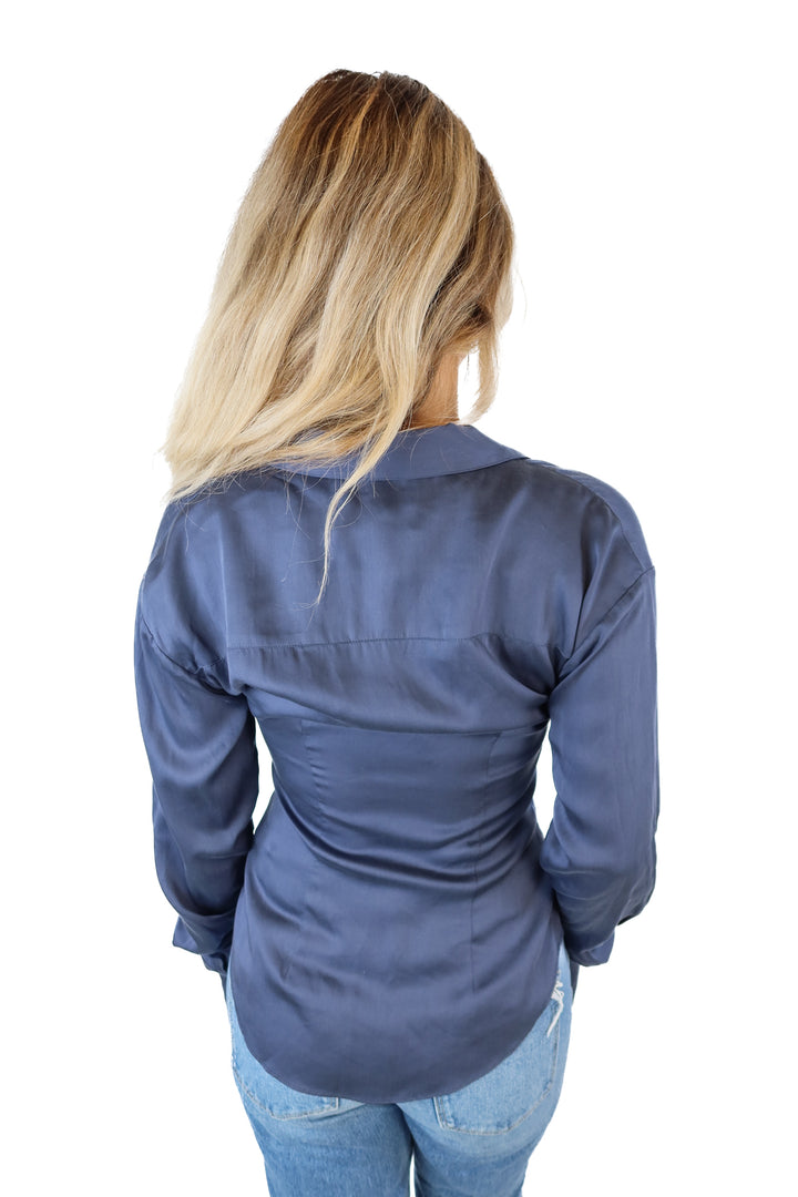 L'Academie Navy Silky Blouse NWT (XS; retail $168)