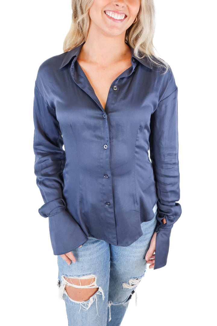 L'Academie Navy Silky Blouse NWT (XS; retail $168)