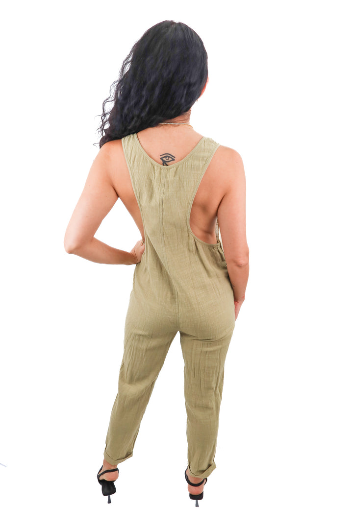 L Space khaki cotton jumpsuit NWT (XS; retail $132)