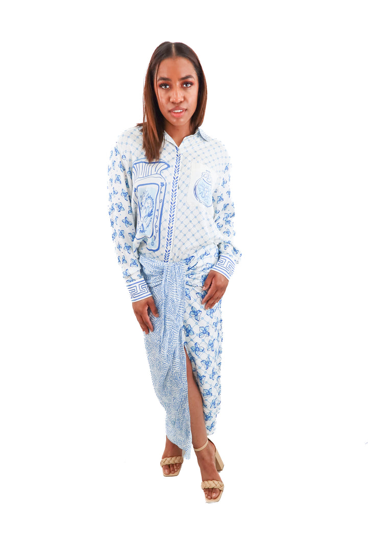 me369 blue printed silk set (m; retail $395)