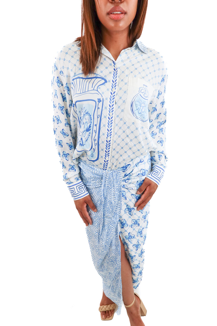 me369 blue printed silk set (m; retail $395)