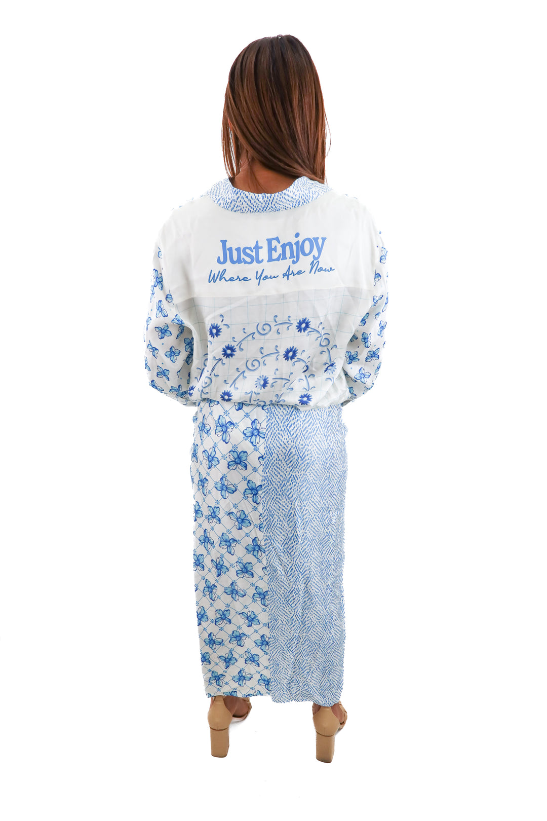 me369 blue printed silk set (m; retail $395)