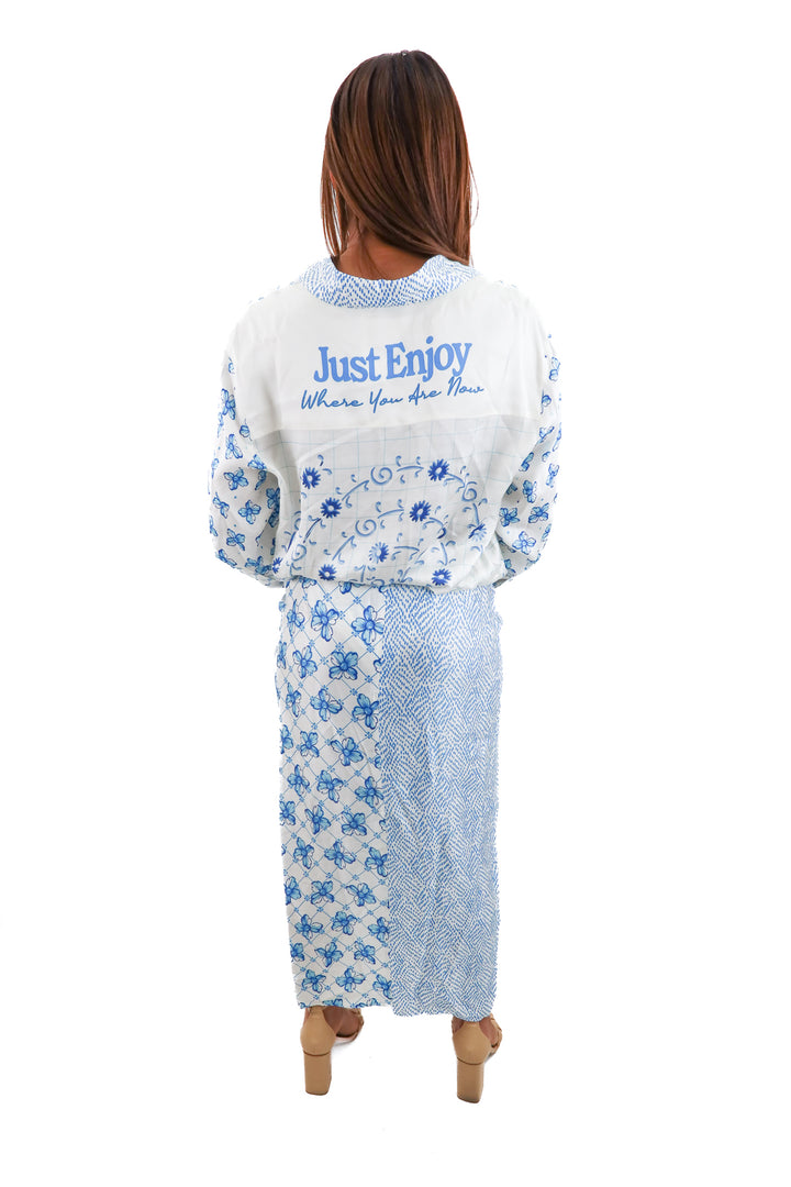 me369 blue printed silk set (m; retail $395)