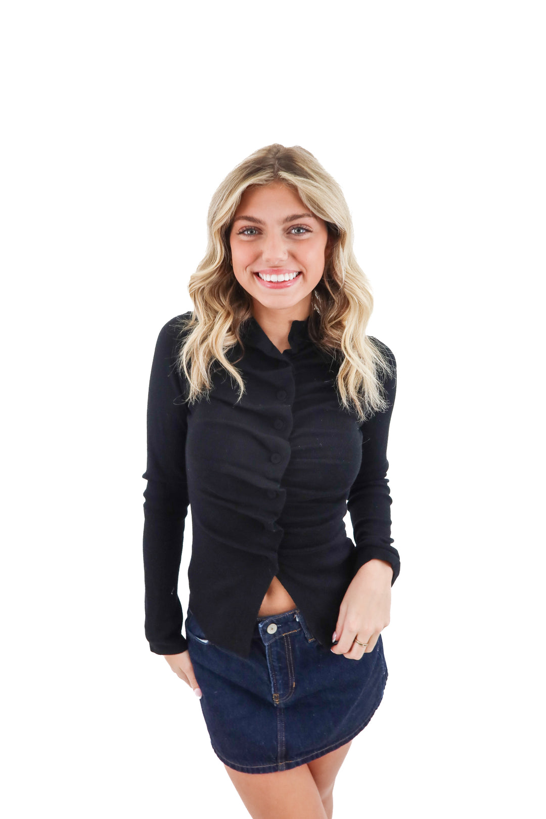 zara black ruffle front long sleeve (s)