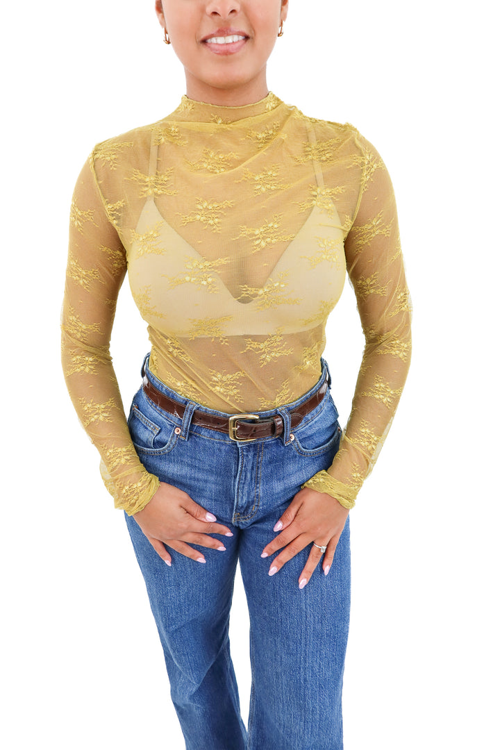 sweetkama green lace long sleeve top nwt (l)