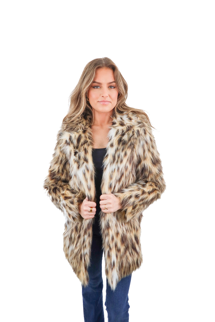 BB Dakota animal print faux fur coat (XS; retail $130)