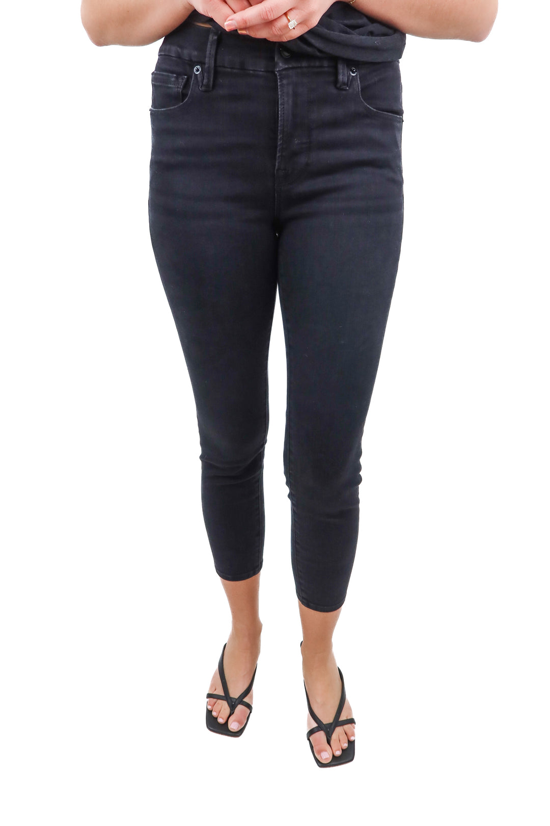 Good American black petite skinny denim (2; retail $155)