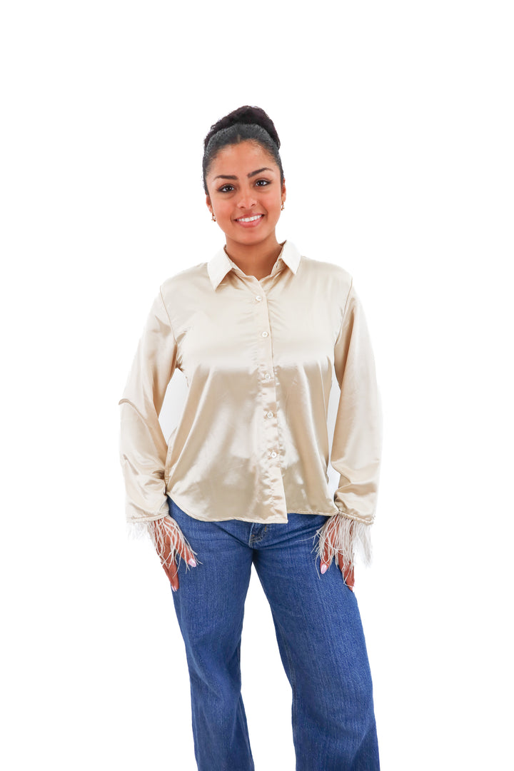 ellison champagne satin button up w/ feather sleeves nwt (m)
