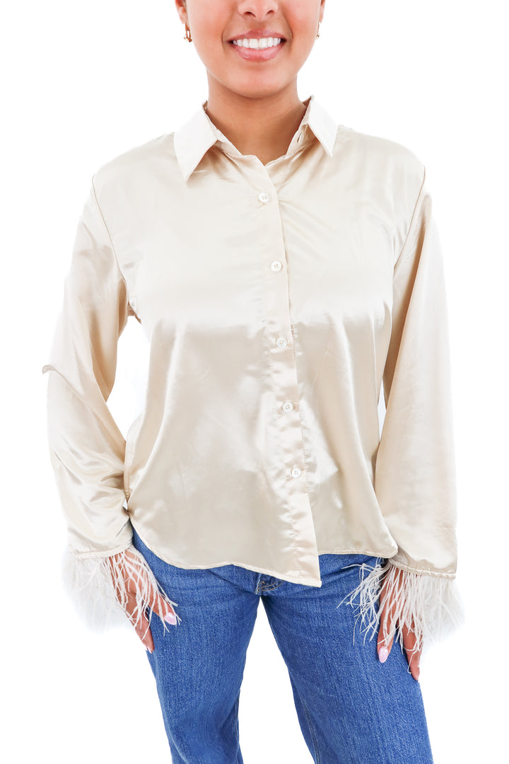 ellison champagne satin button up w/ feather sleeves nwt (m)