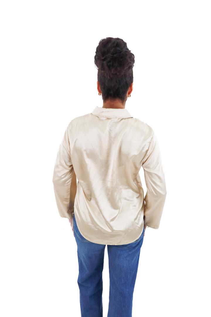 ellison champagne satin button up w/ feather sleeves nwt (m)