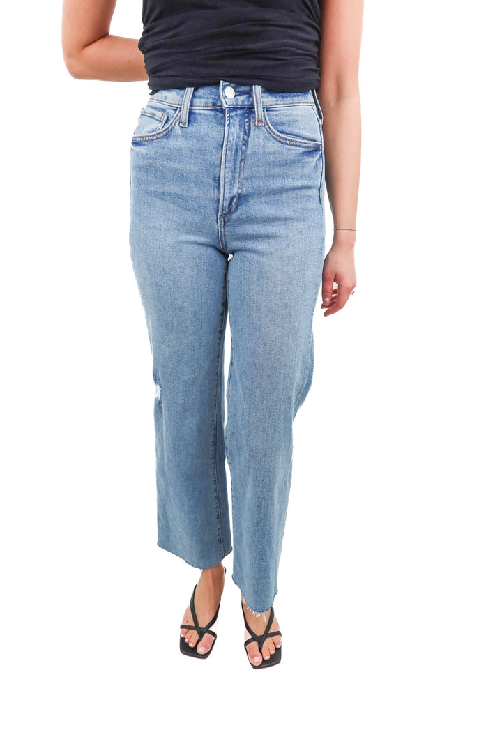 Joe's lightwash high rise wideleg jeans (23; retail $198)