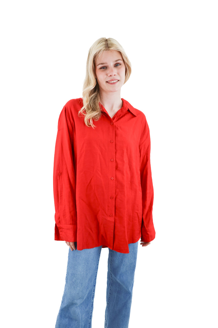 vici red button up top (l; retail $80)