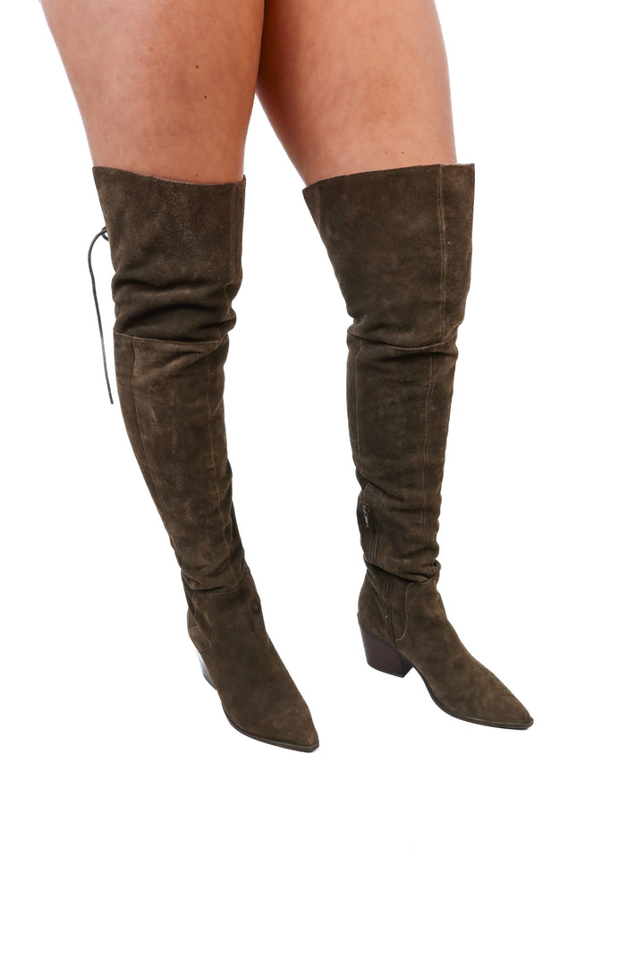 Aldo Brown Faux Suede Over The Knee Lace Back Boots (7; retail $157)
