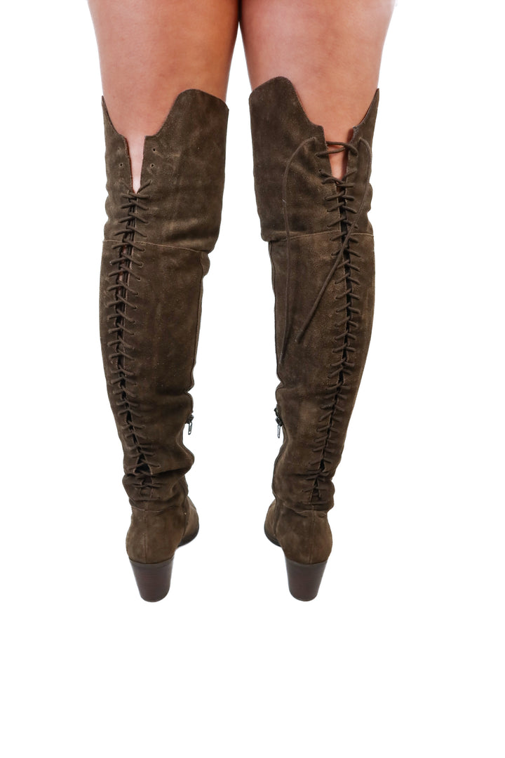 Aldo Brown Faux Suede Over The Knee Lace Back Boots (7; retail $157)