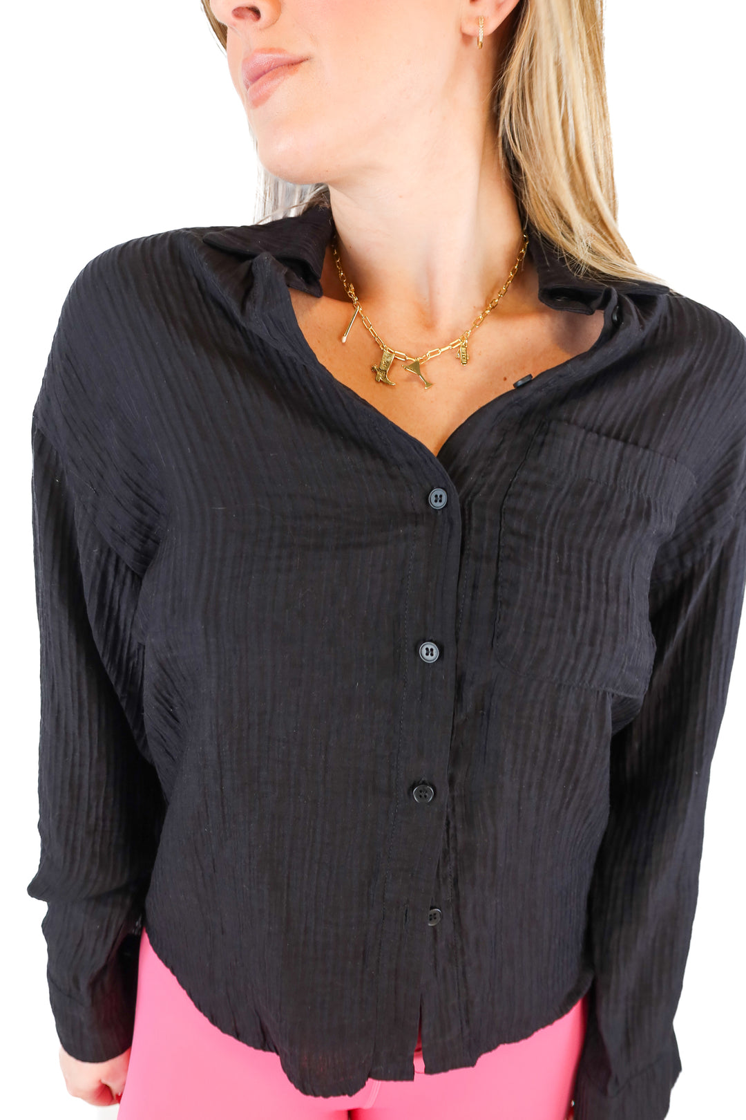 Kittenish black textured button down (XS)