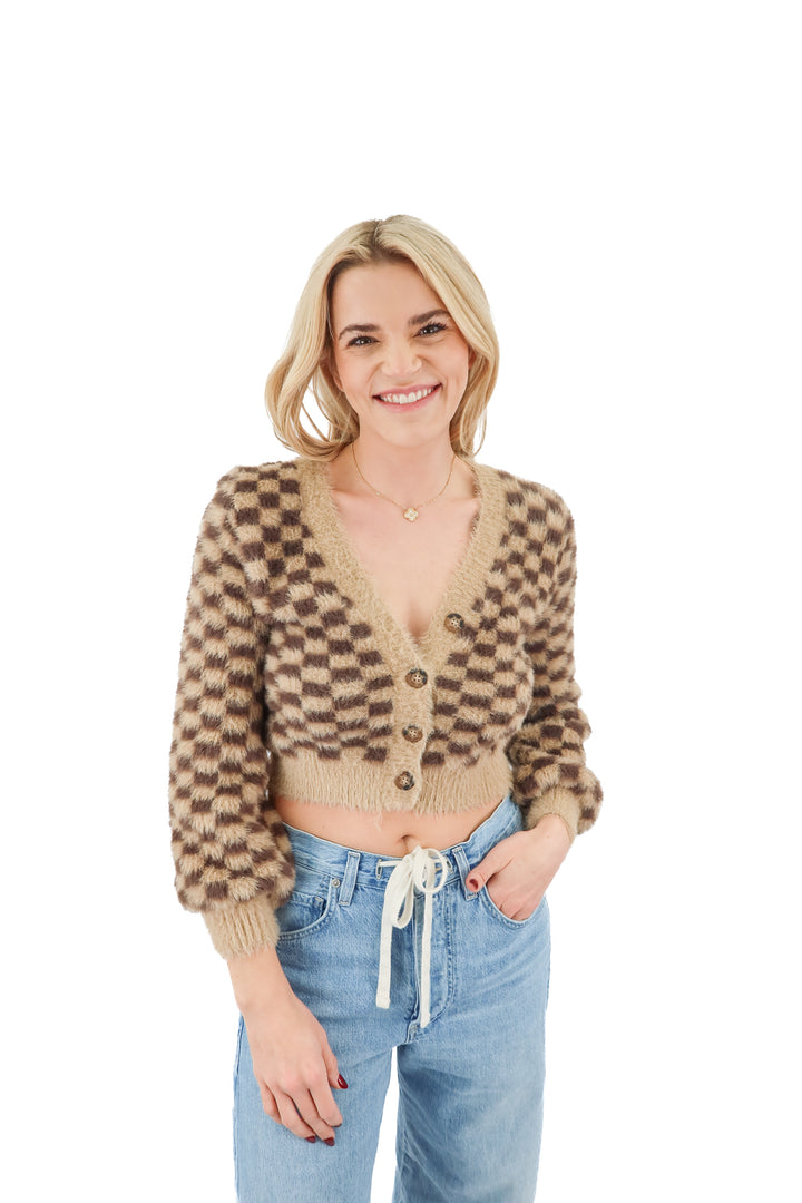 astr brown furry checkered cardigan (s)