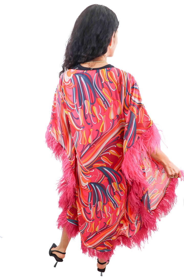Trina Turk pink multiprint feather hem caftan dress (XS; retail $658)