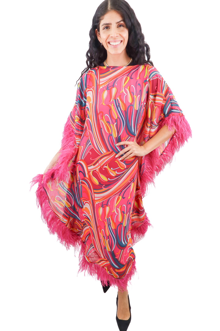 Trina Turk pink multiprint feather hem caftan dress (XS; retail $658)