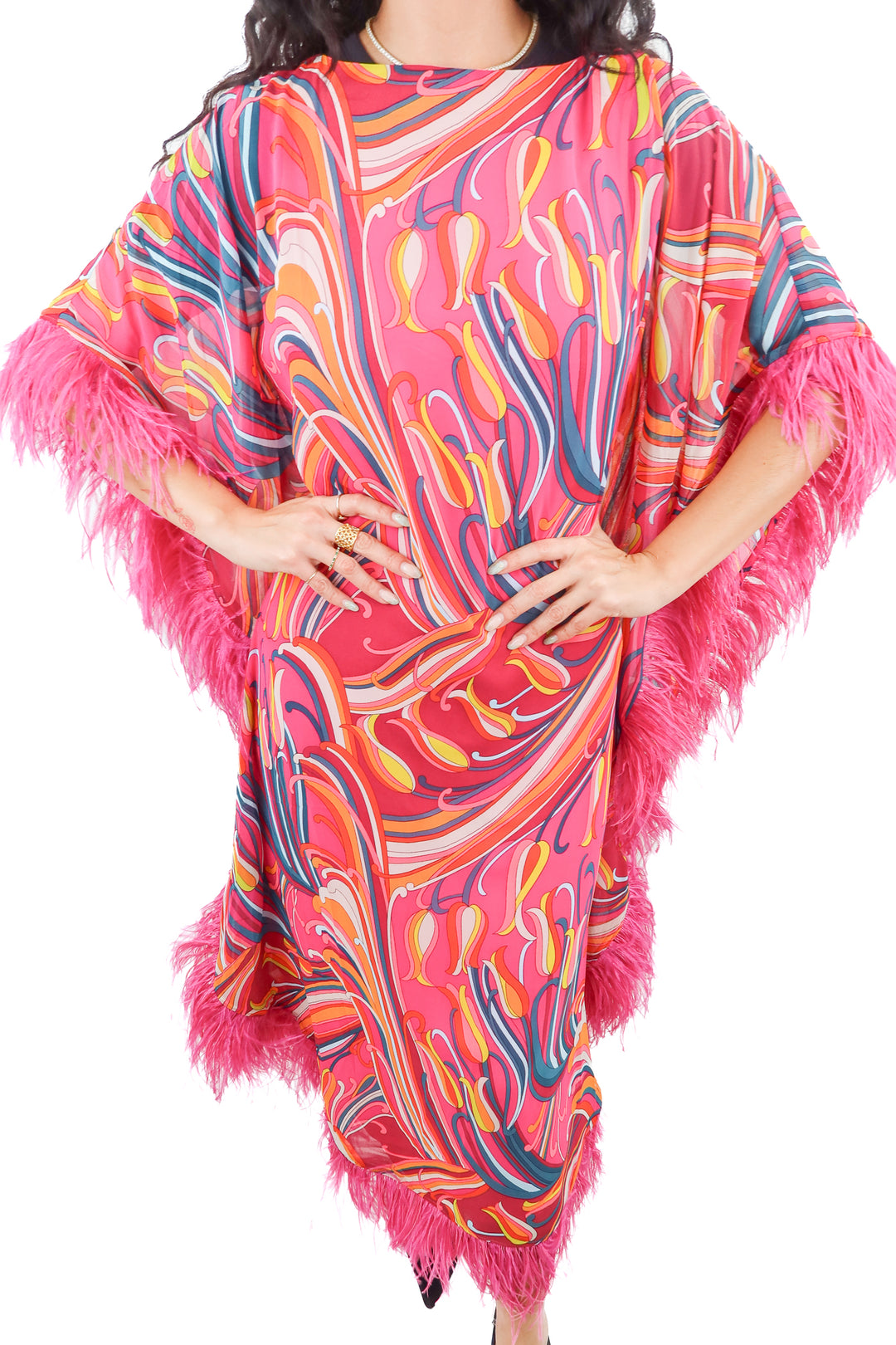 Trina Turk pink multiprint feather hem caftan dress (XS; retail $658)