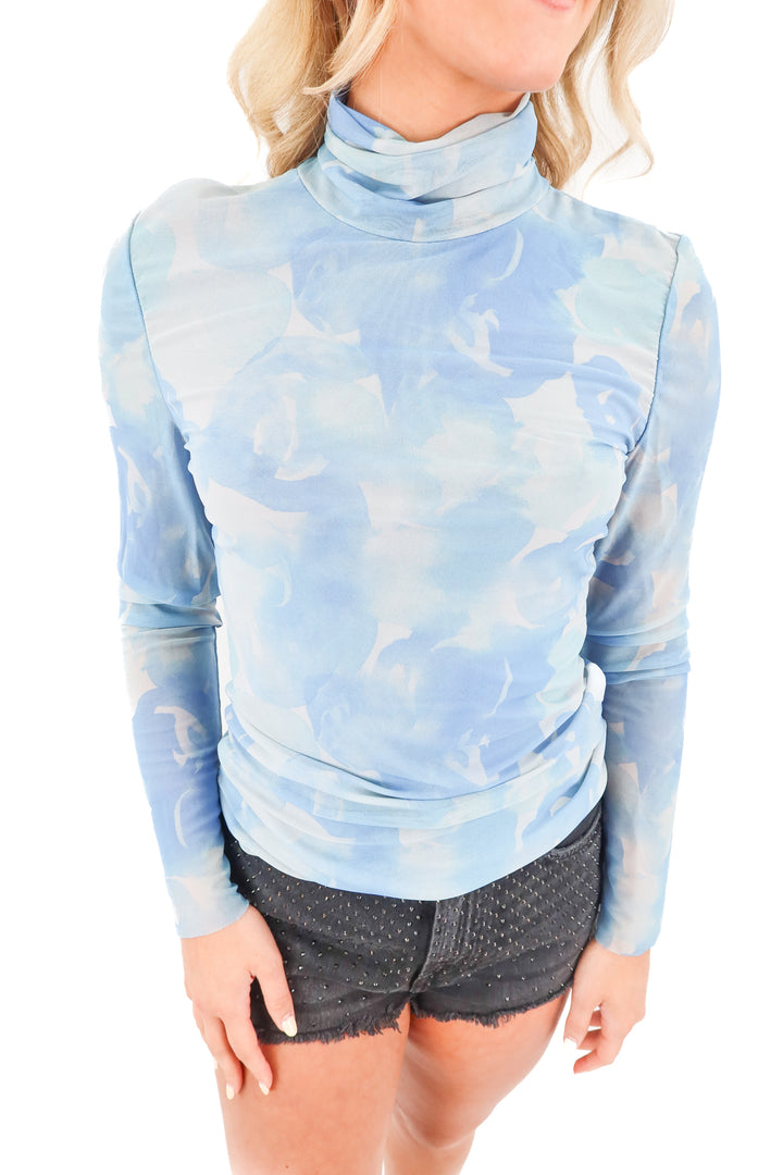 AUCTION ganni blue printed mesh top (38)* fits a size 2 to 6- ends 11/11 at 8pm CT