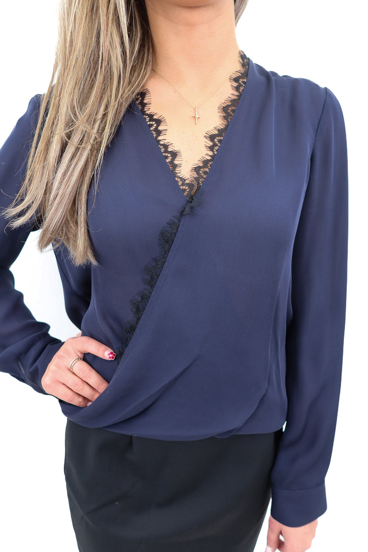 l'agence silk navy lace surplice blouse (s; retail $220)