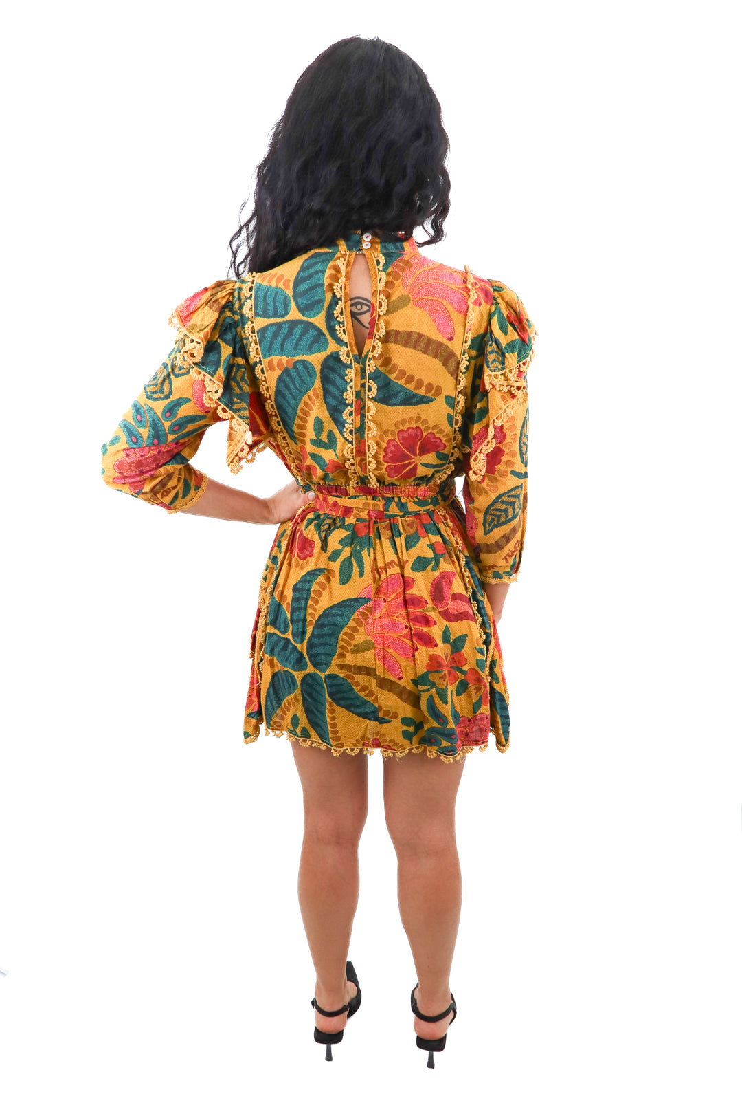 Farm Rio mustard floral mini dress (XS; retail $200)
