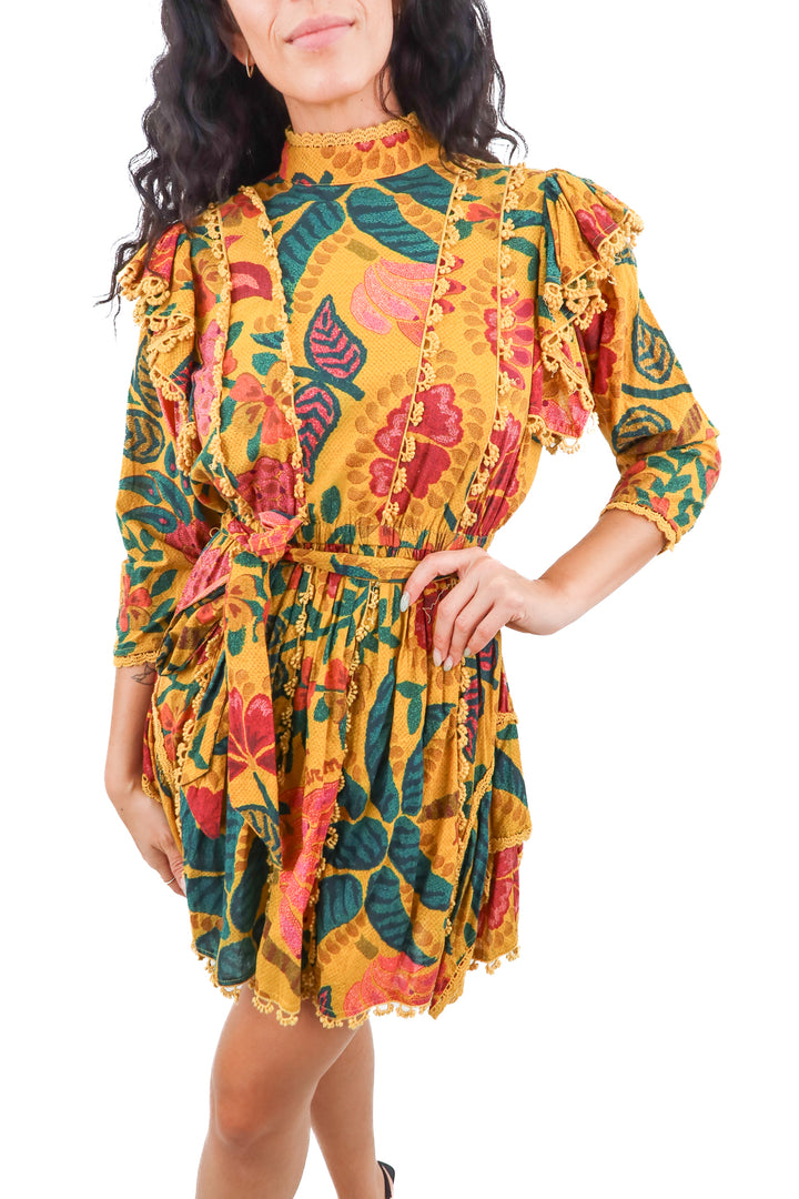 Farm Rio mustard floral mini dress (XS; retail $200)