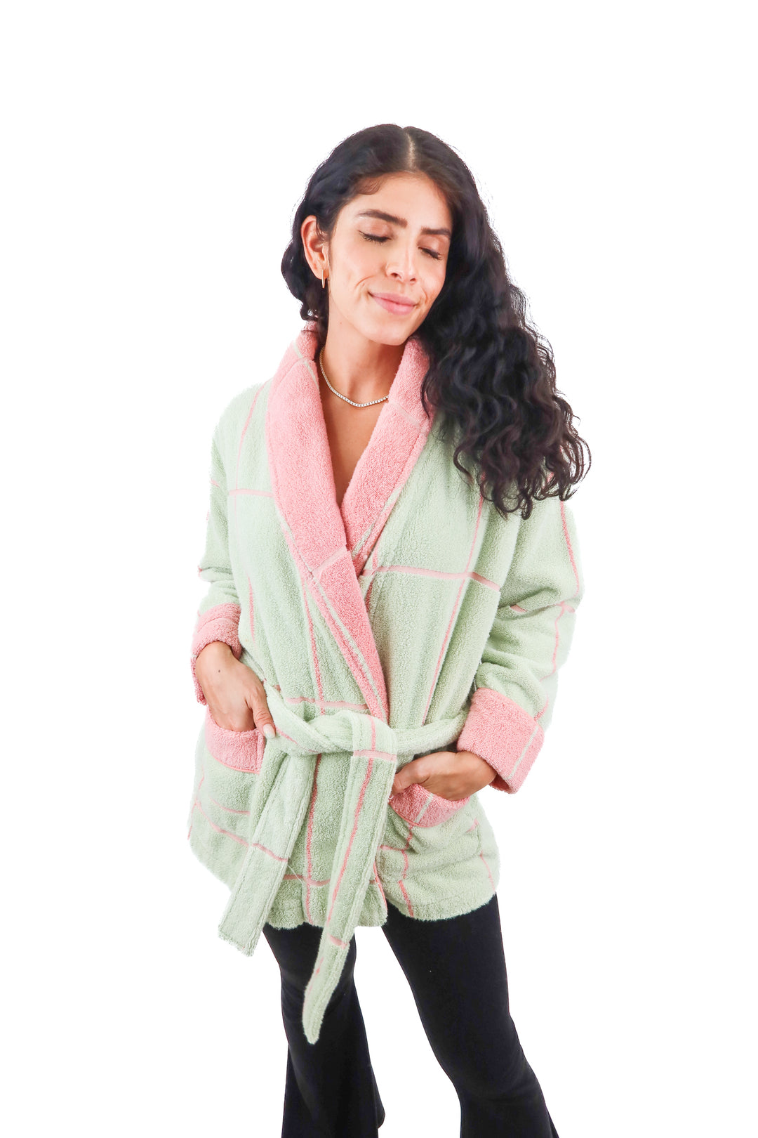 Cozy Earth green pink terry robe (XS)