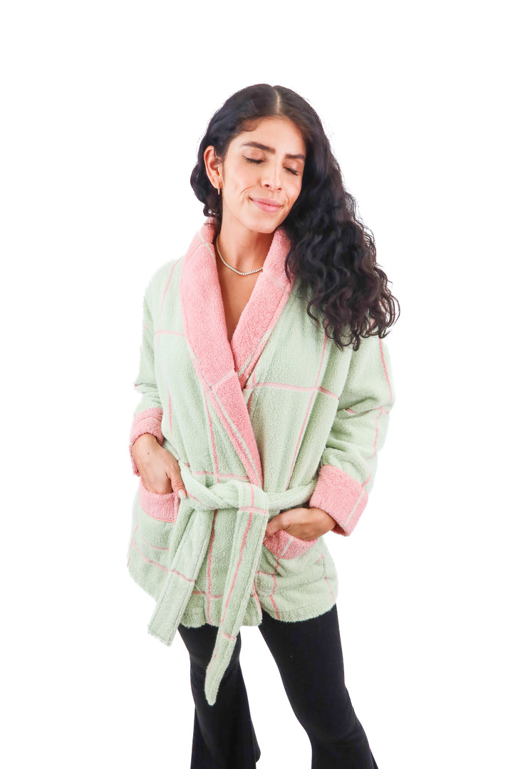 Cozy Earth green pink terry robe (XS)