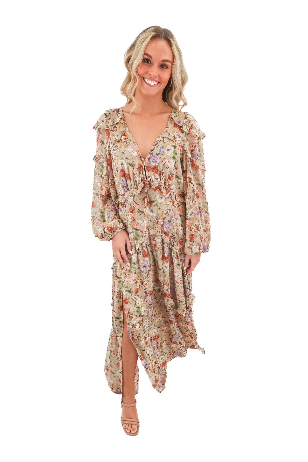 buddy love brown floral maxi dress (m; retail $160)