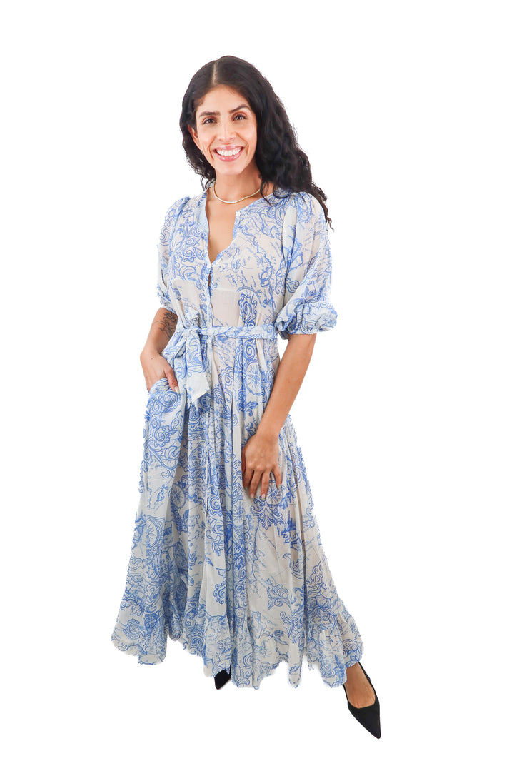 HDYWT blue compass map print maxi dress NWT (XS; retail $248)