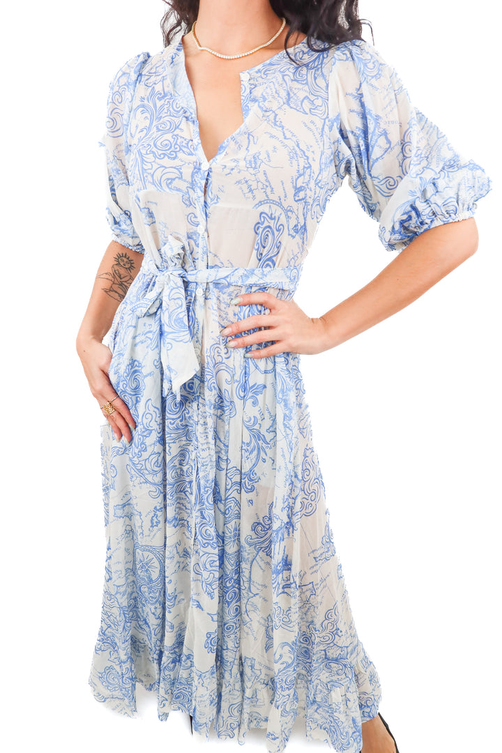 HDYWT blue compass map print maxi dress NWT (XS; retail $248)