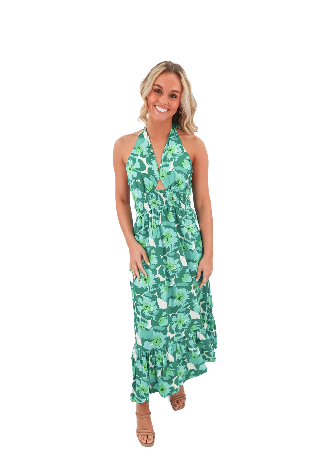 zesica green floral halter dress (s)