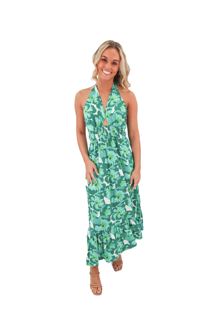 zesica green floral halter dress (s)
