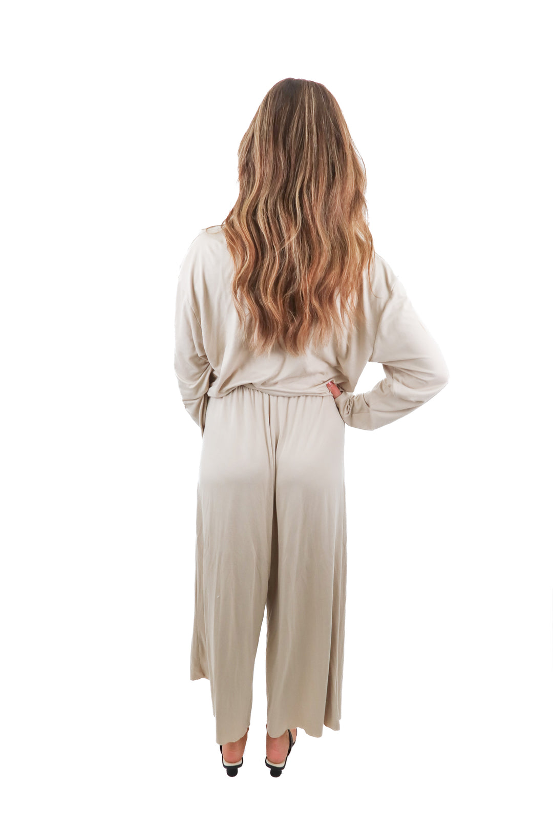 Bumpsuit beige long sleeve and pants set (XS; retail $195)