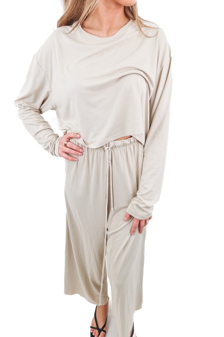 Bumpsuit beige long sleeve and pants set (XS; retail $195)